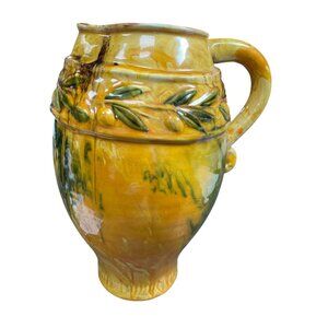 Italian Handmade VTG yellow green rustic glazed ceramic jug pitcher SKU 9766